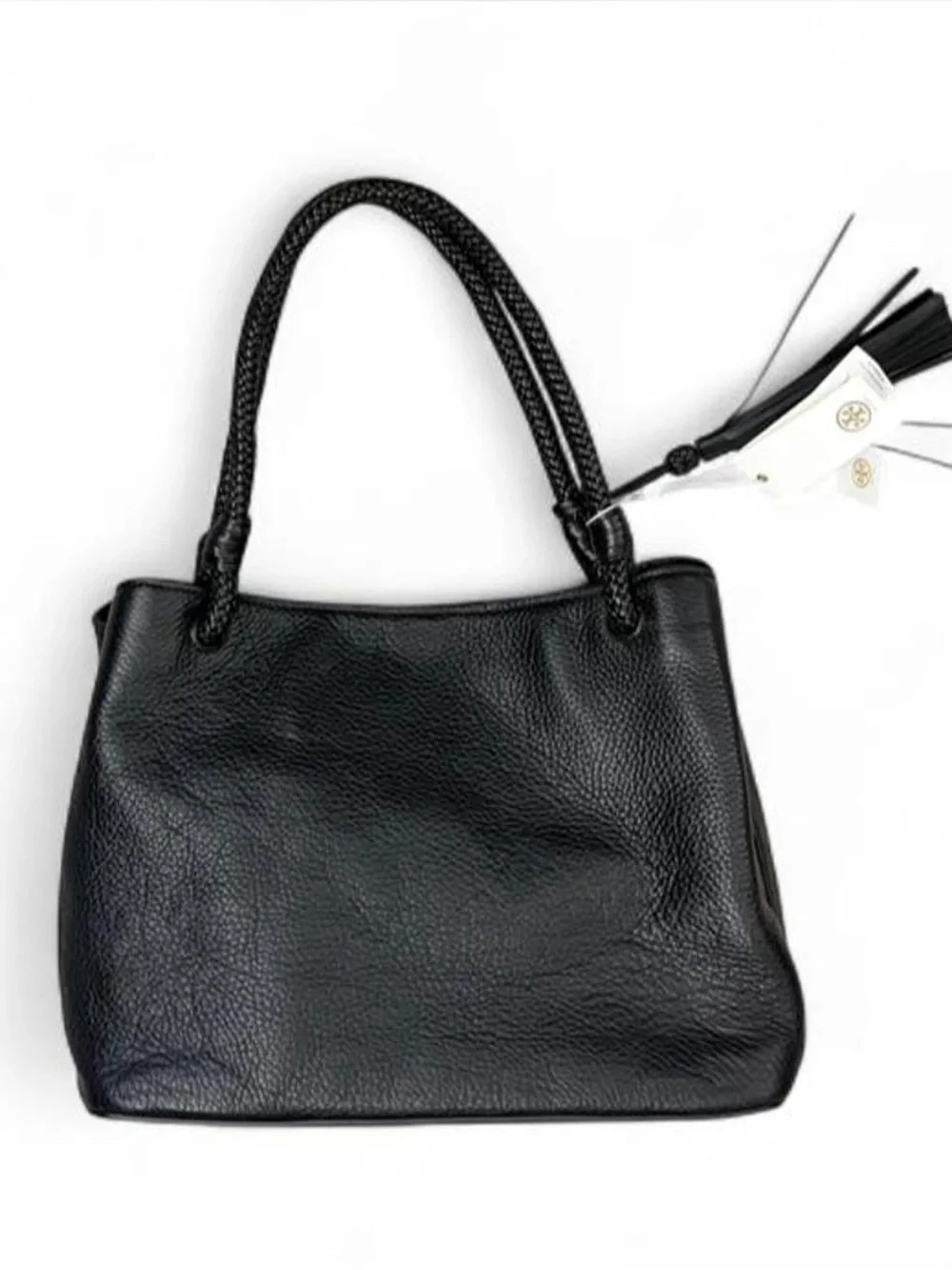 NWT Black Tory Burch Leather Tote Handbag with Braided Handles - Picture 4 of 9